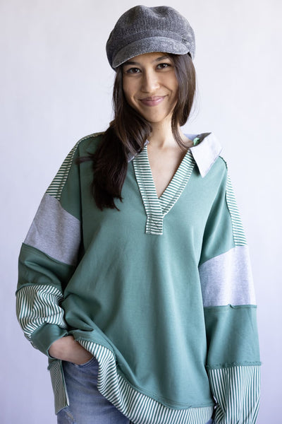 Colorblock Knit Shirt for Women in Sage
