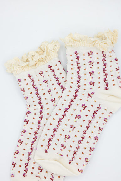 Rosebud Waffle Knit Socks for Women in White