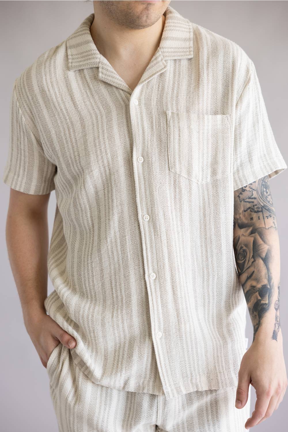 Vintage Summer Basketweave Button Up Shirt for Men in Tan
