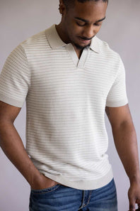 Vintage Summer Striped Knit Sweater Polo for Men in Tan