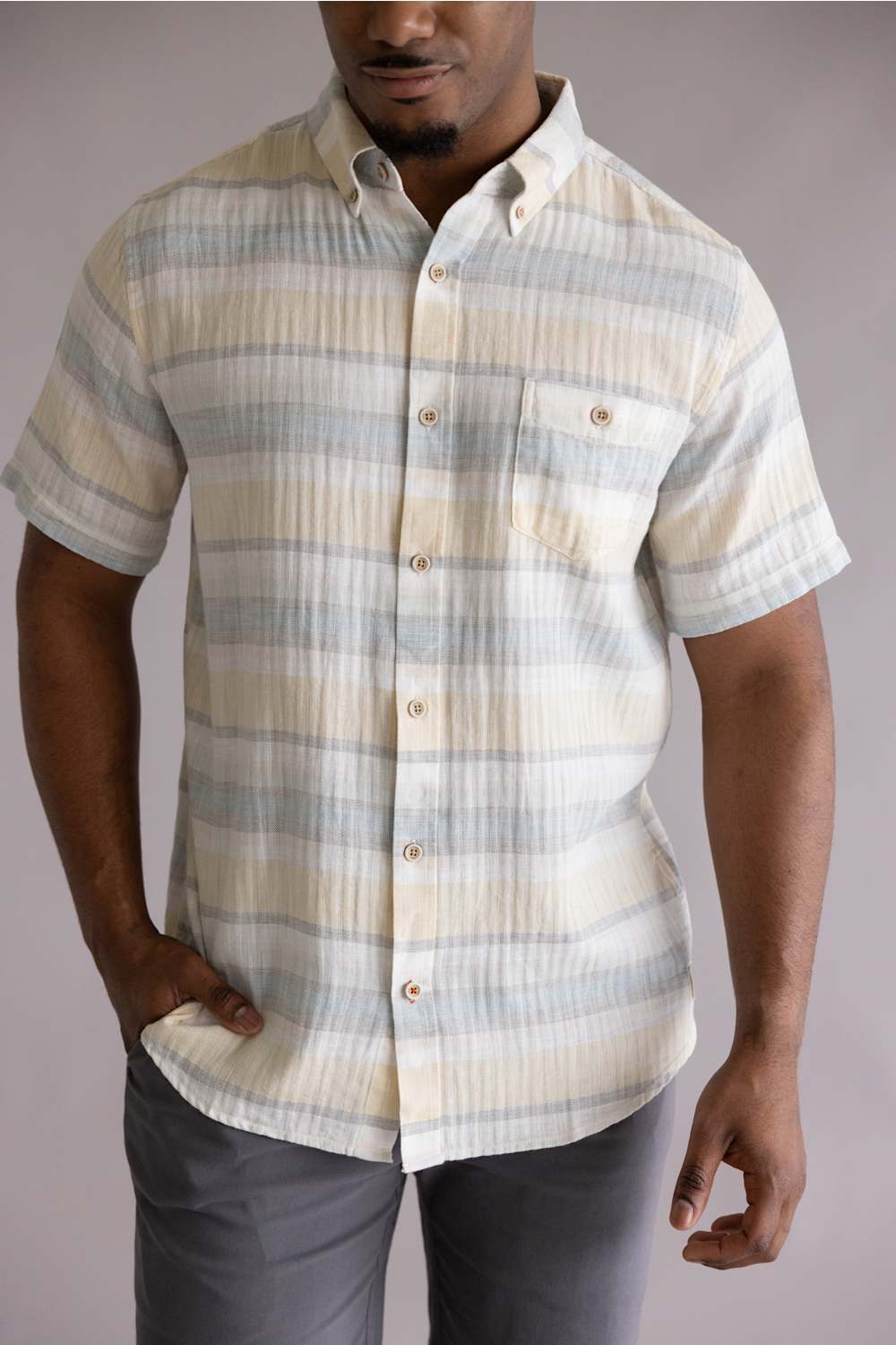 Weatherproof Vintage Cotton Stripe Pattern button Down shirt golden haze