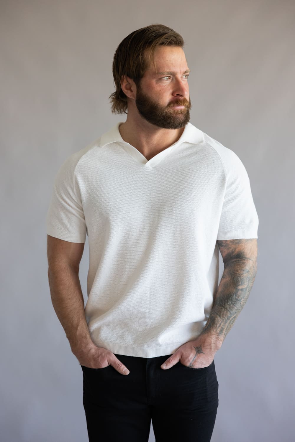 Weatherproof Vintage Johnny Collar Polo Sweater Shirt for Men in Bleached White