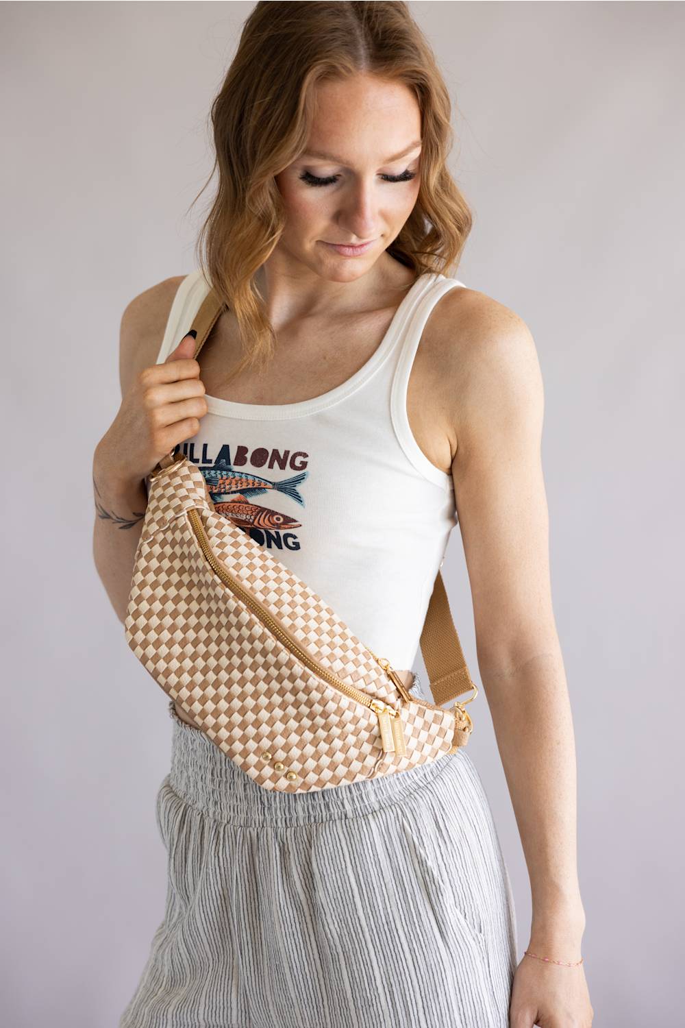 Weave Checkered Belt Bag for Women in Tan