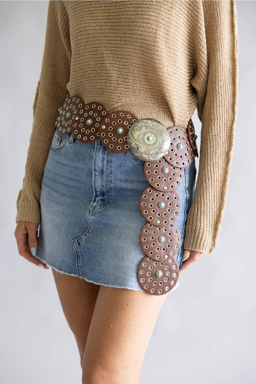 Western Concho Belt for Women in Brown