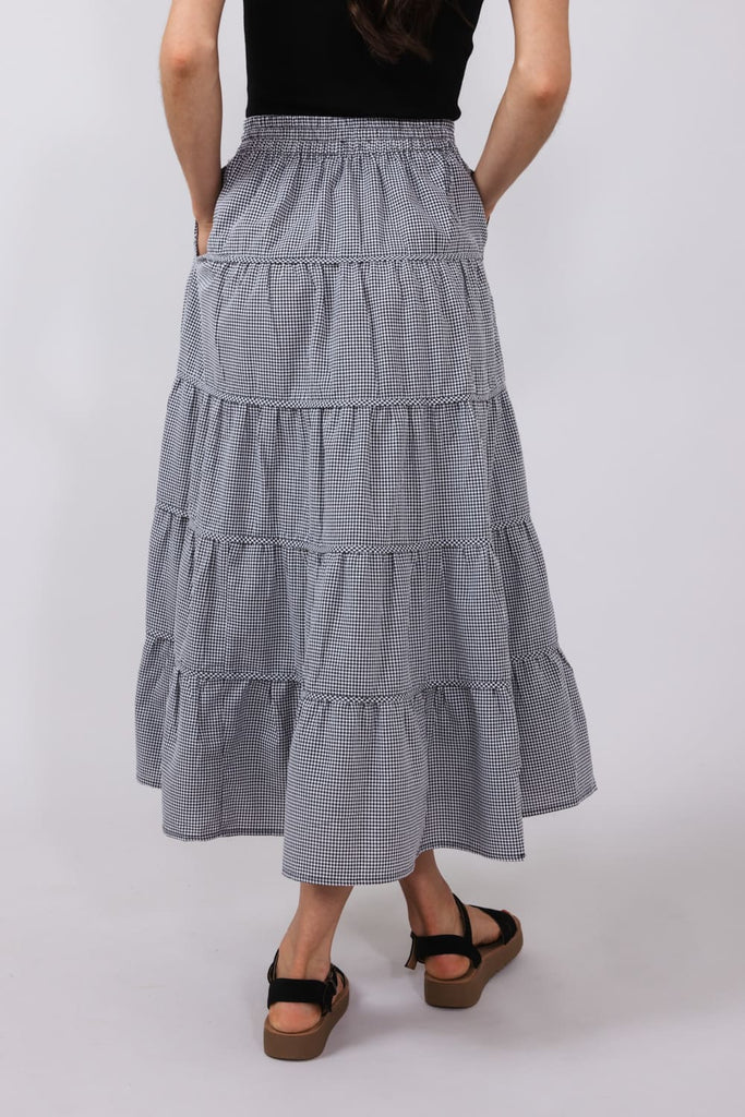Wishlist Gingham Tiered Midi Skirt for Women in Black/White