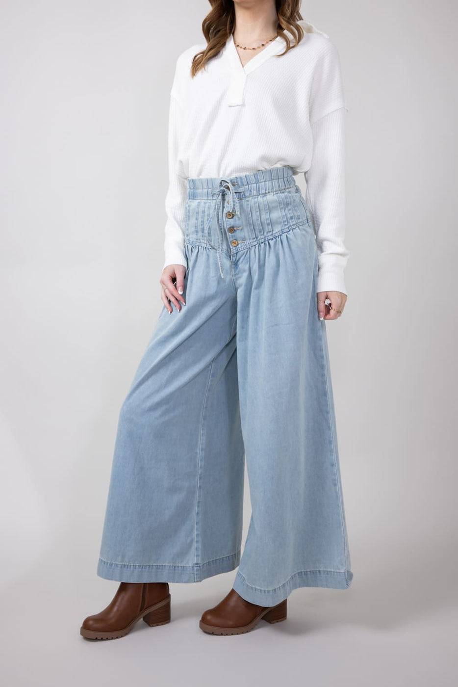 Yoke Pintuck Wide Leg Denim Pants for Women | MAP2991-DENIM