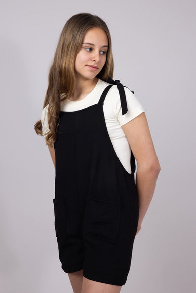 Youth Linen Tie Shoulder Romper for Girls in Black