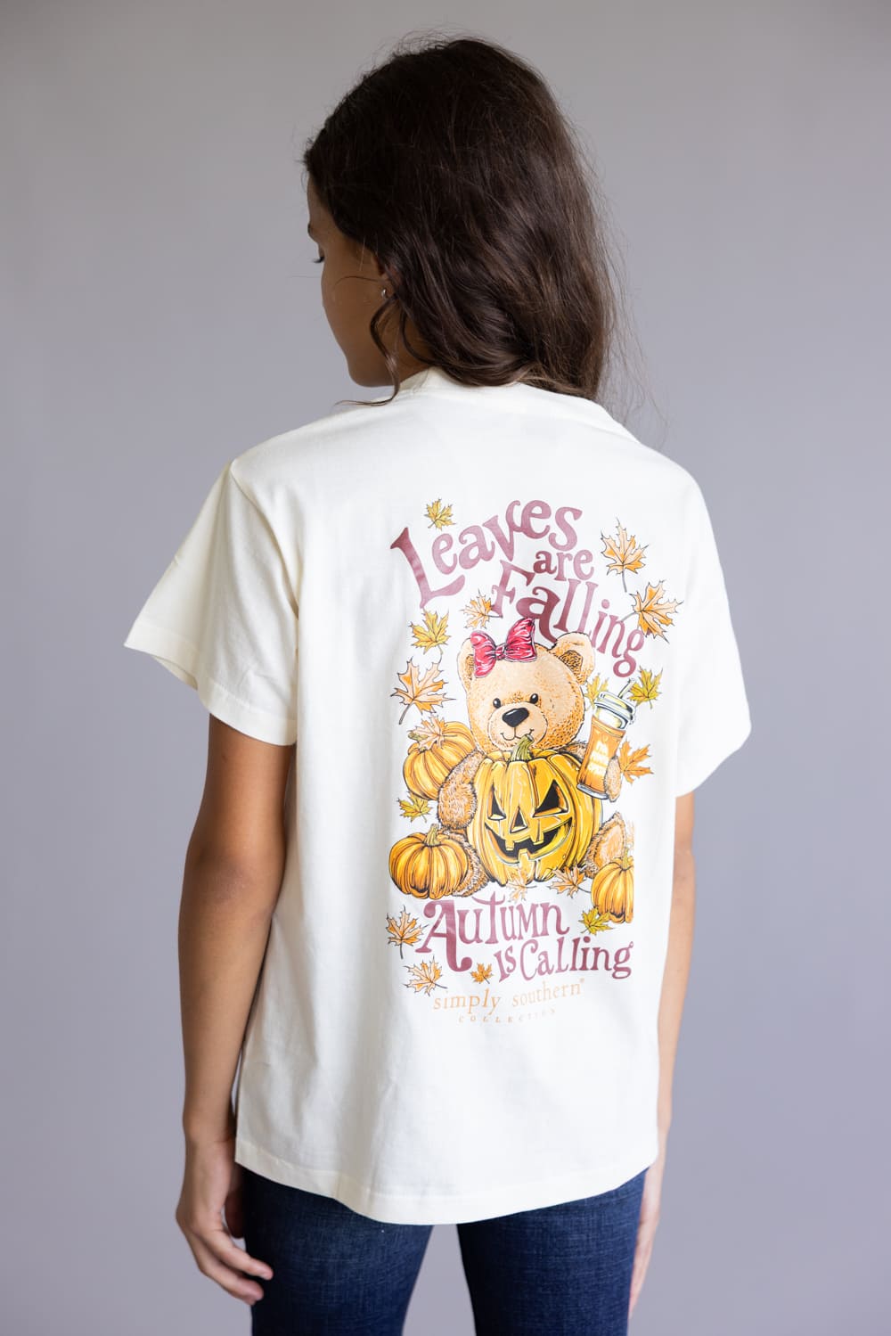 Simply Southern Youth Leaves Are Falling Autumn Is Calling T-Shirt for Girls in Linen