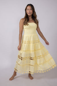 Eyelet Lace Strapless Midi Dress for Women in Yellow