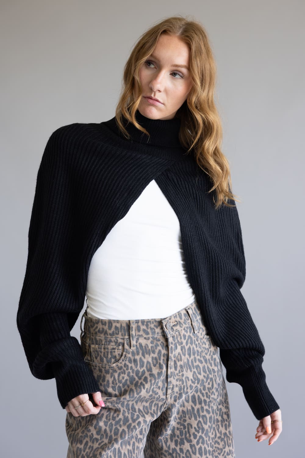 Turtleneck Shrug Bolero Sweater for Women in Black