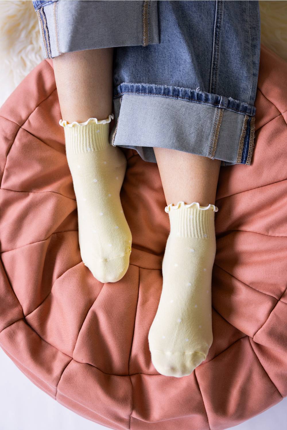 Polka Dot Ruffled Crew Socks for Women in Yellow