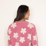 Womens Simply Southern Fuzzy Daisy Print Crewneck Sweater for Women in Pink 