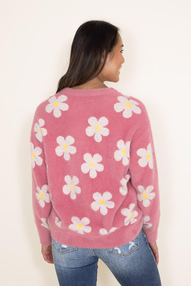 Womens Simply Southern Fuzzy Daisy Print Crewneck Sweater for Women in Pink 