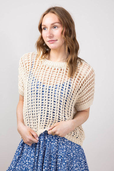 Crochet Short Sleeve Sweater for Women in Natural