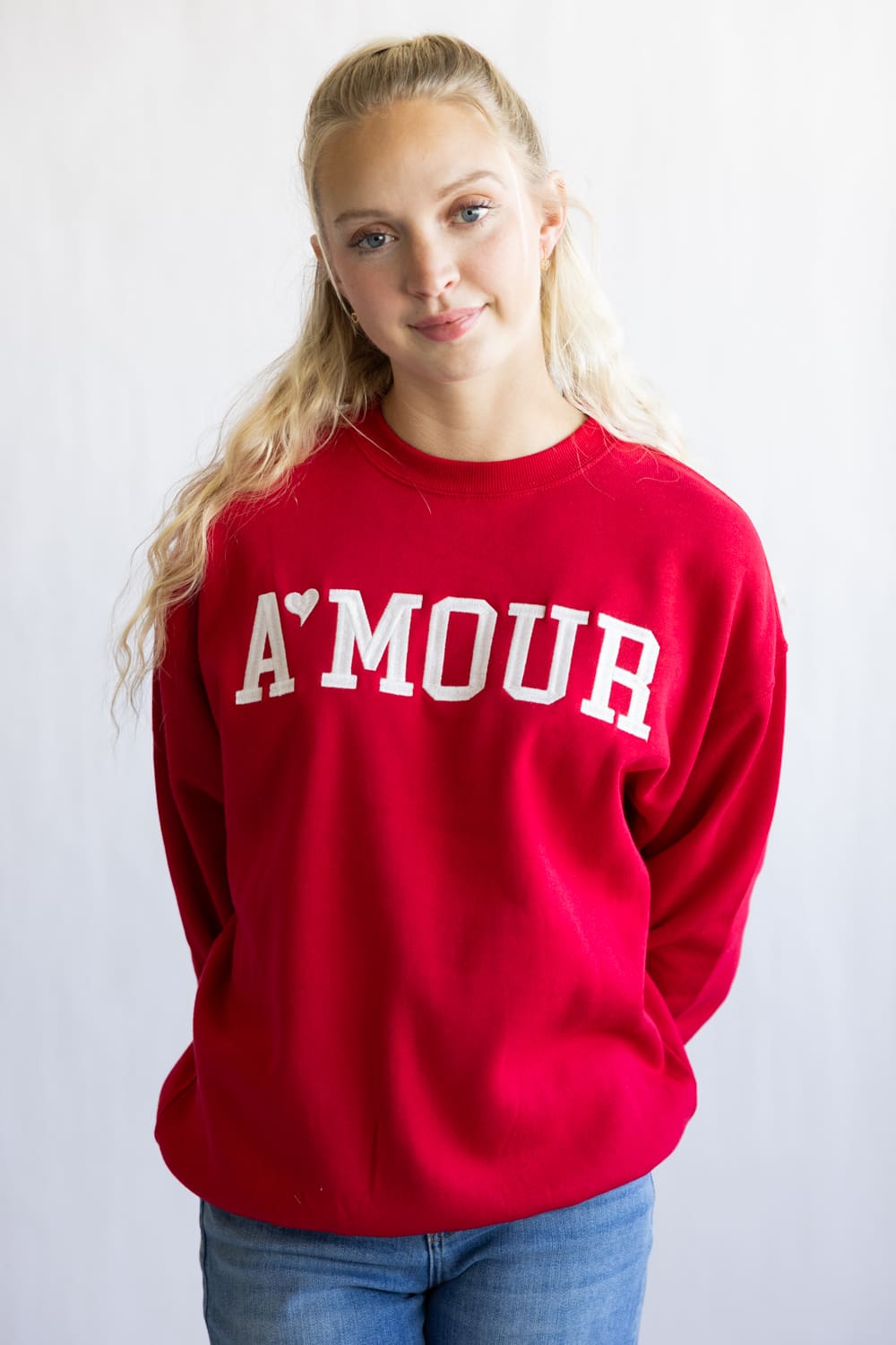 1897 Active Amour Embroidered Fleece Sweatshirt for Women in Red