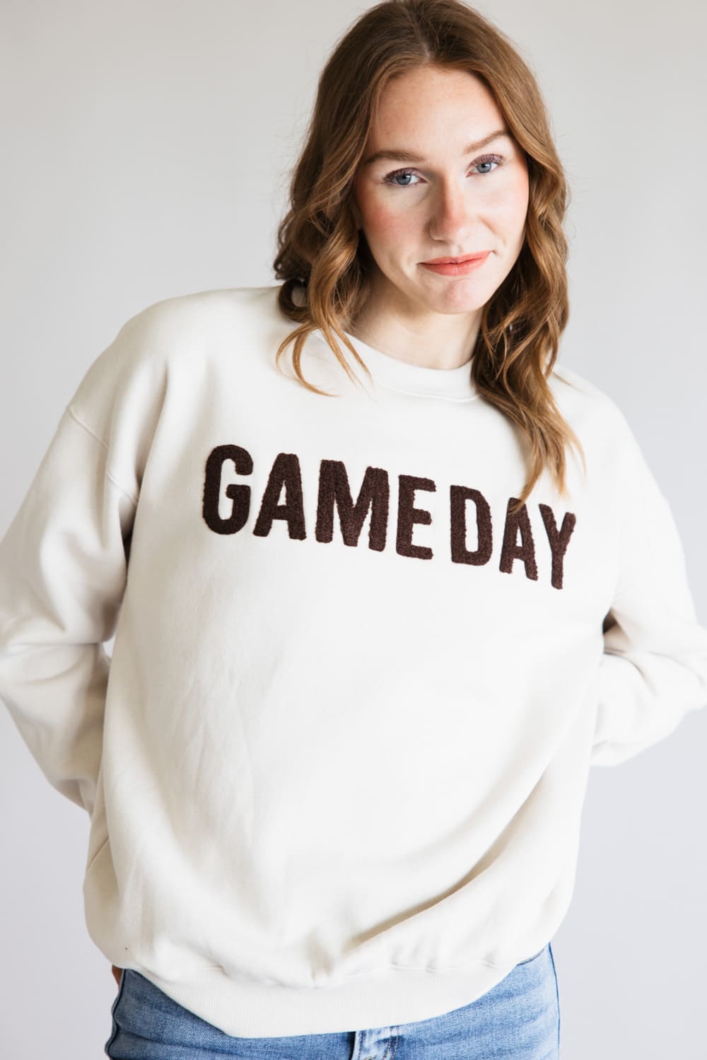 1897 Active Chenille Patch Game Day Sweatshirt for Women in Beige