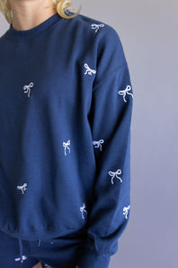 1897 Active Embroidered Bow Fleece Sweatshirt for Women in Indigo Blue