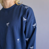 1897 Active Embroidered Bow Fleece Sweatshirt for Women in Indigo Blue
