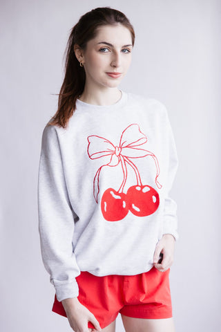 1897 Active Embroidered Cherry And Bow Fleece Sweatshirt for Women in Ice Grey