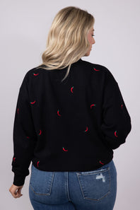 1897 Active Embroidered Chili Peppers Fleece Sweatshirt for Women in Black