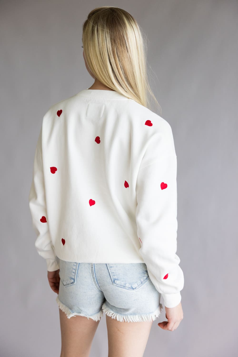 1897 Active Embroidered Hearts Fleece Sweatshirt for Women in Ivory/Red