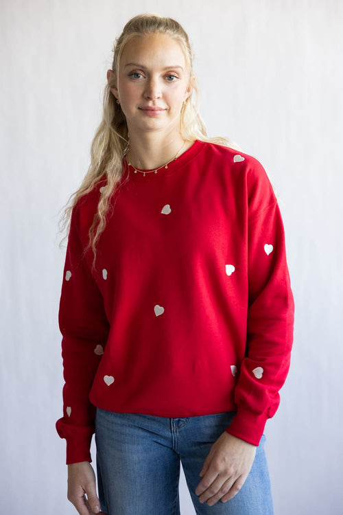 1897 Active Embroidered Hearts Fleece Sweatshirt for Women in Red