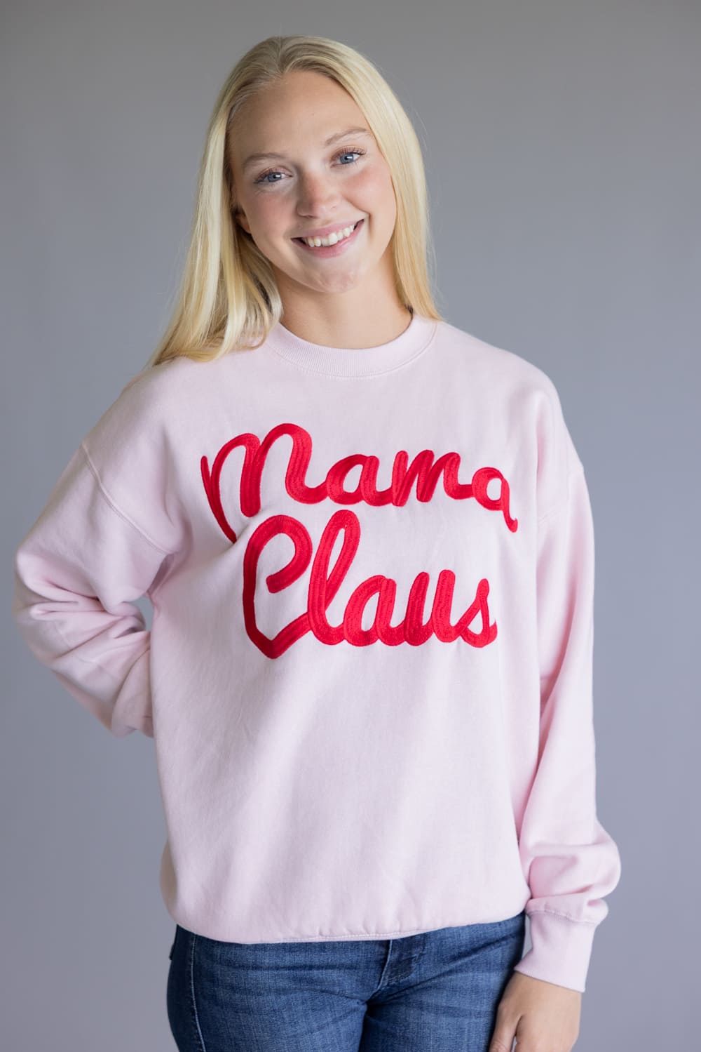 1897 Active Mama Claus Embroidered Fleece Sweatshirt for Women in Baby Pink