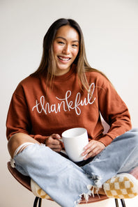 1897 Active Thankful Graphic Fleece Sweatshirt for Women in Orange