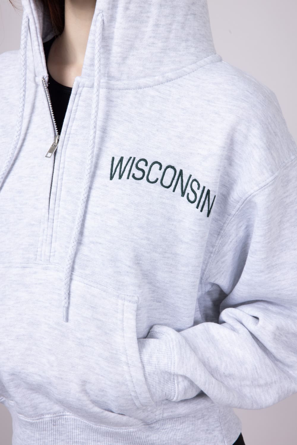 1897 Active ½ Zip Wisconsin Embroidered Hoodie for Women in Ice Grey