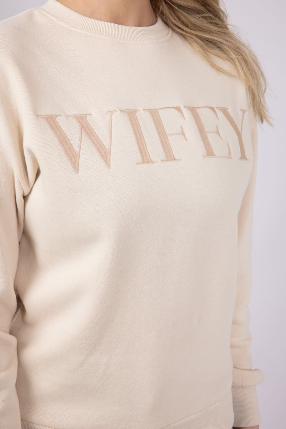 1897 Active Embroidered Wifey Fleece Sweatshirt for Women in Cream