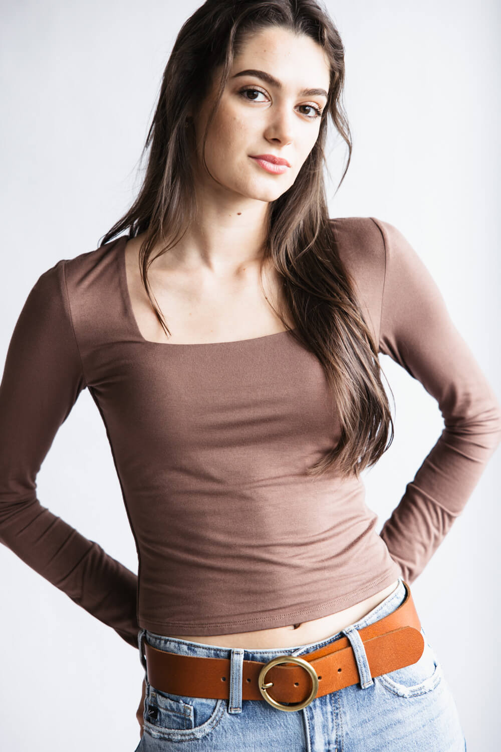 Seamless Double Layer Square Neck Shirt for Women in Milk Chocolate