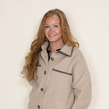 Embroidered Stitch Edge Felt Shacket for Women in Taupe