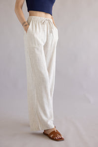 Striped Wide Leg Linen Pants for Women in Off White