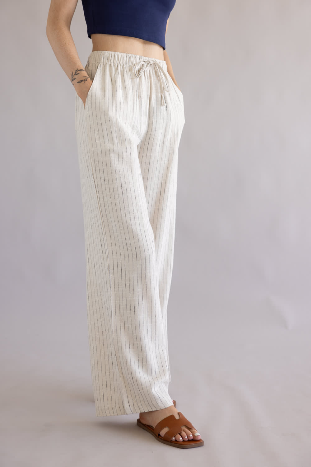 Striped Wide Leg Linen Pants for Women in Off White