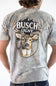 Back view of a man wearing a camo JEDCo t-shirt featuring a large Busch Light logo and a whitetail deer graphic printed on the back.