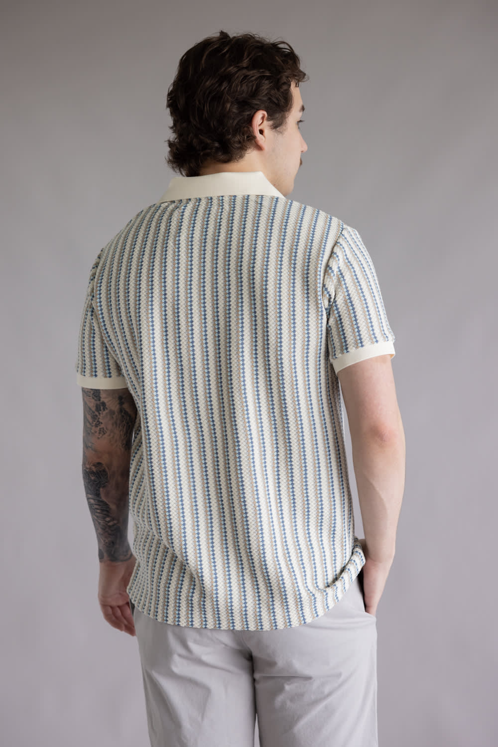 Denim & Flower Striped Crotchet Knit Sweater Polo for Men in Blue