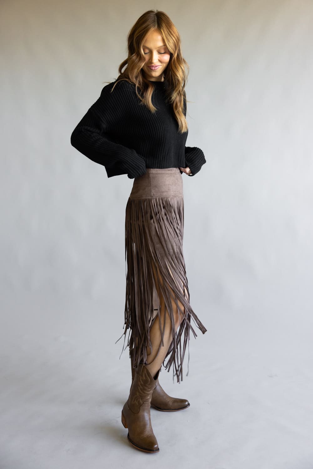 Aaron & Amber Suede Fringe Midi Skirt for Women in Chocolate 