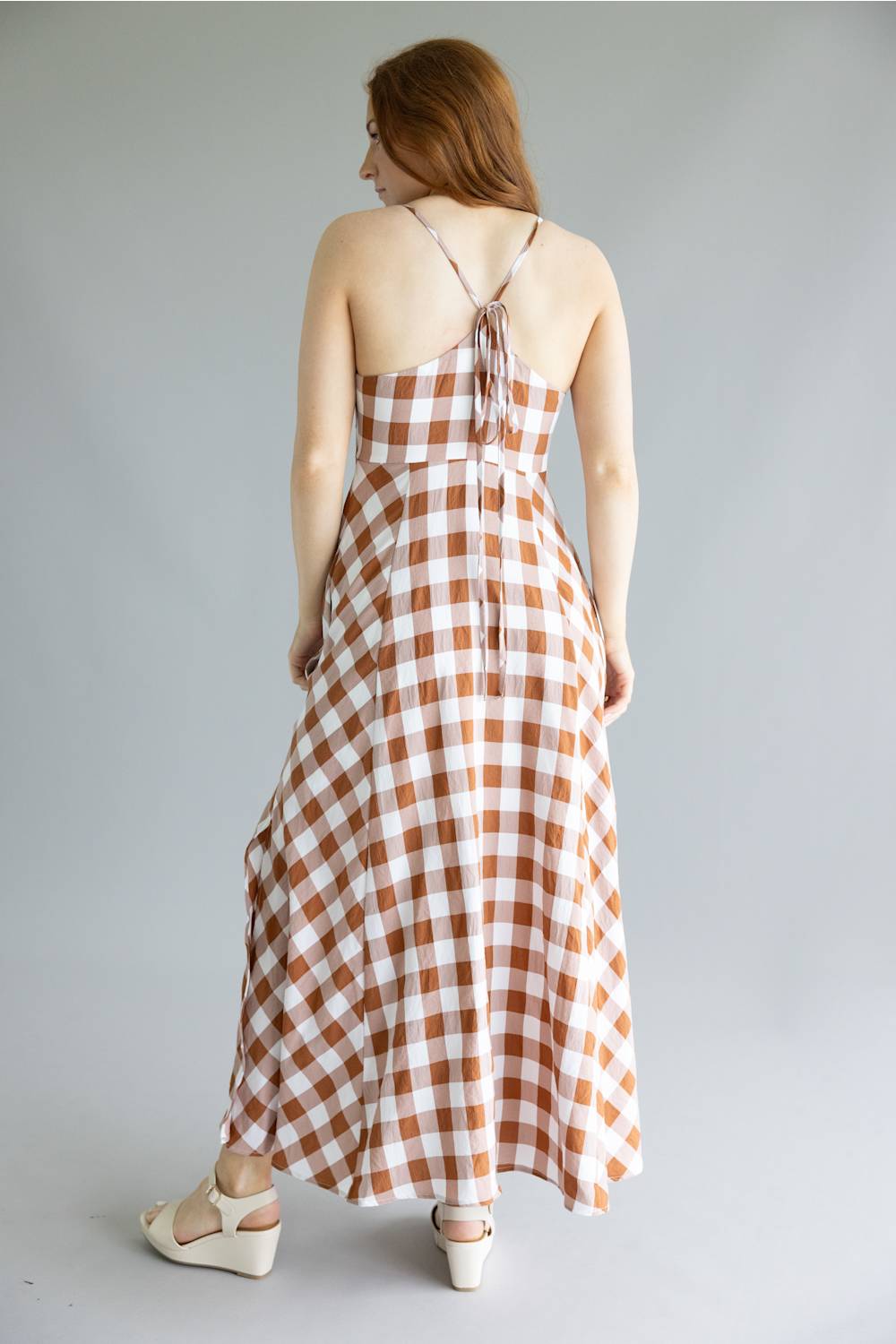 ACOA Gingham Midi Dress for Women in Brown/Ivory