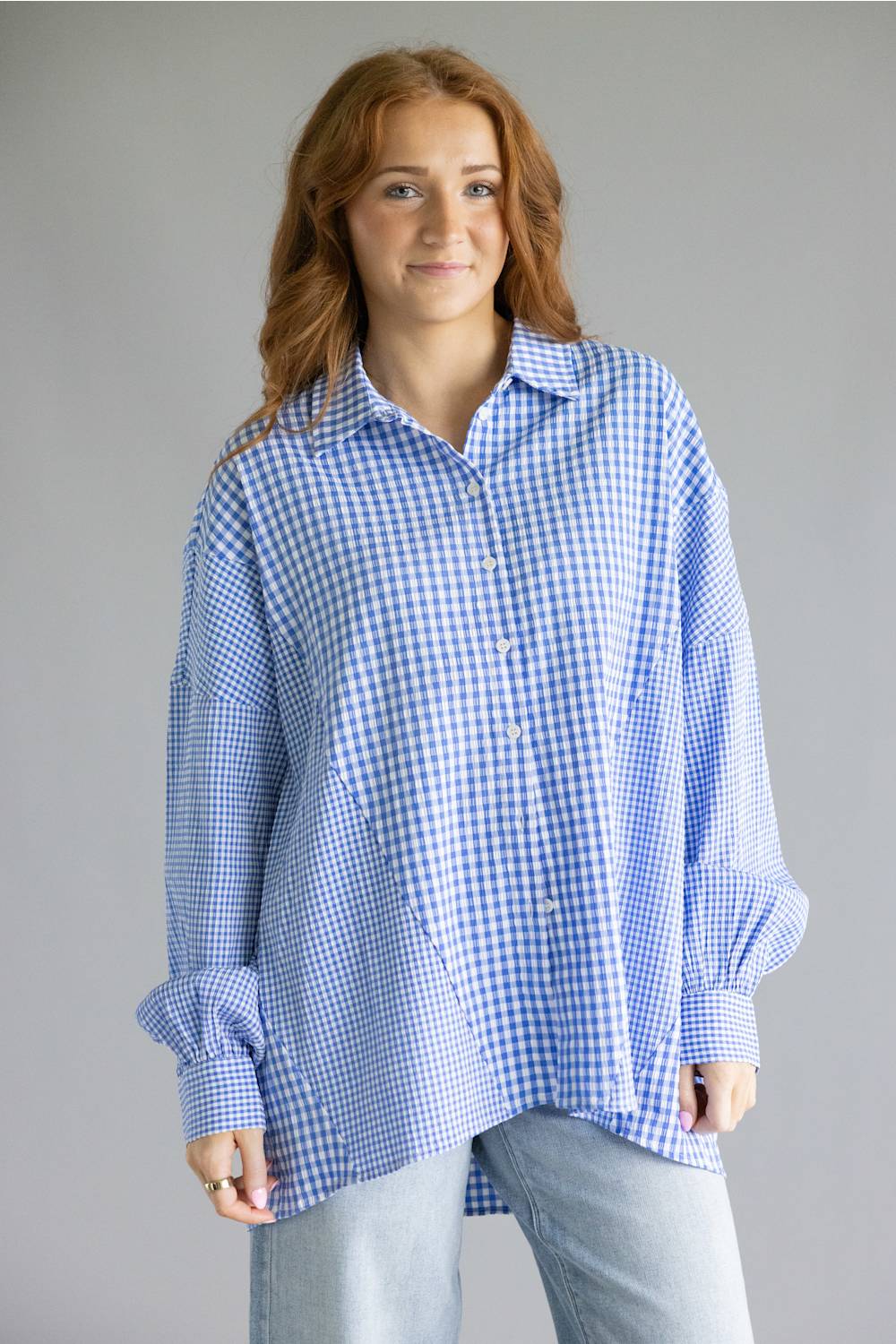 ACOA Mixed Gingham Oversized Button Up Shirt for Women in Blue