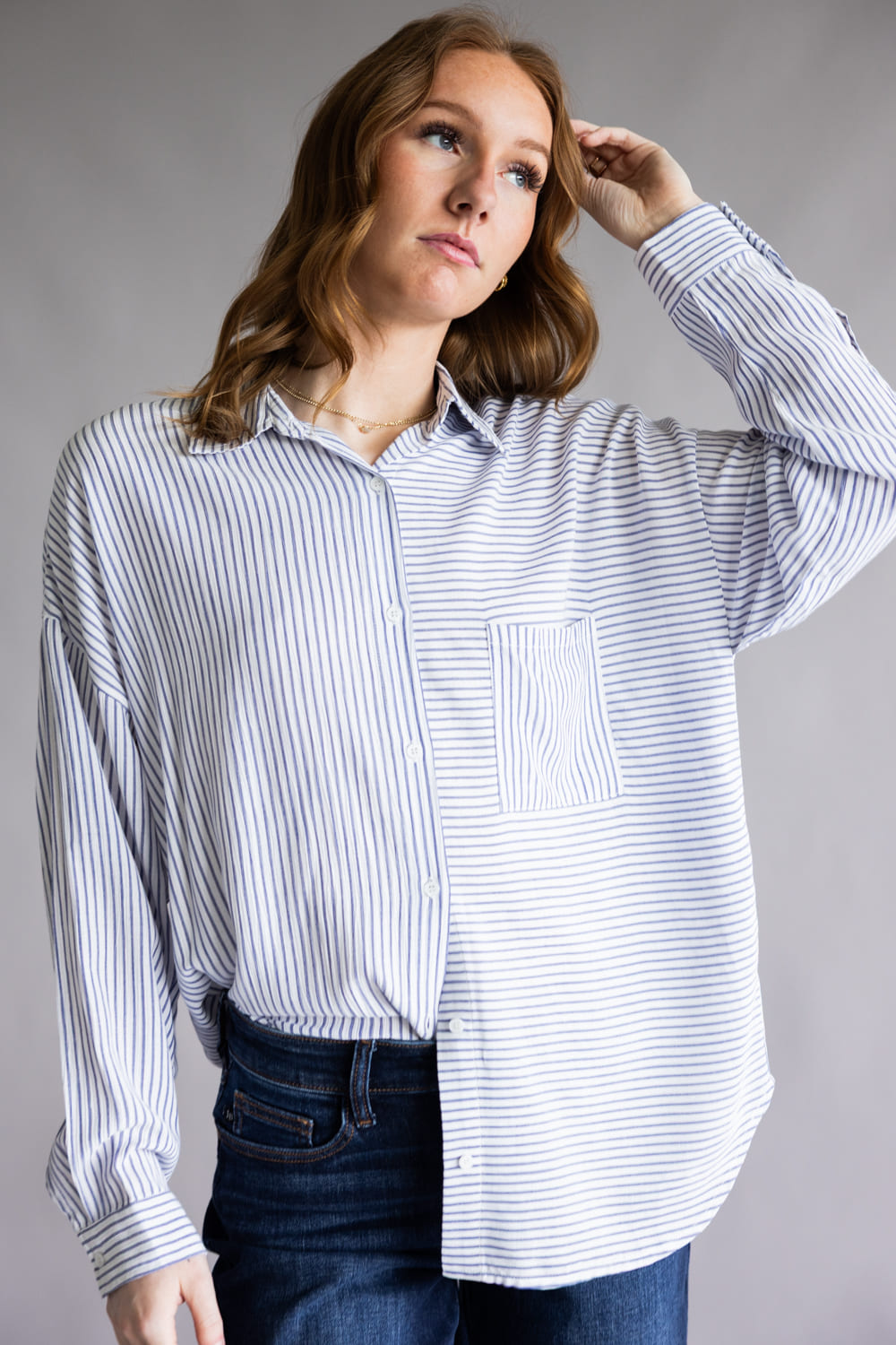 Mix Stripe Button Up Top for Women in Blue 