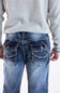 Men's dark wash straight-leg jeans featuring decorative contrast stitching, button-flap back pockets, and heavy whiskering details.   
JPG