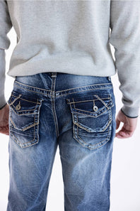 Men's dark wash straight-leg jeans featuring decorative contrast stitching, button-flap back pockets, and heavy whiskering details.   
JPG