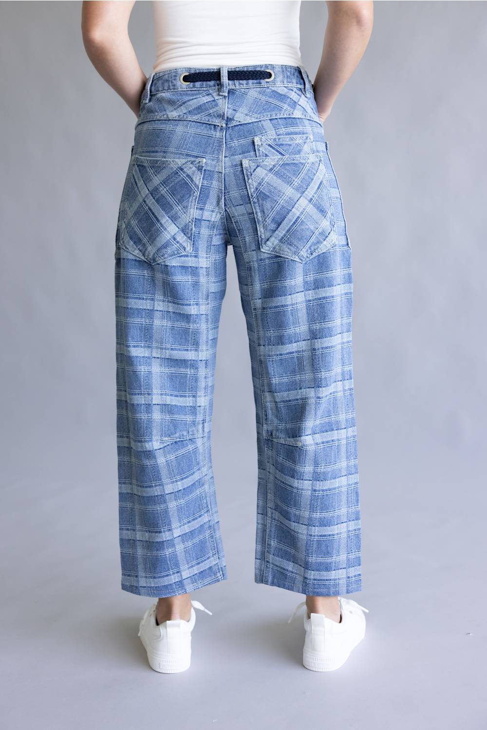 Aaron & Amber Drawstring Plaid Barrel Jeans for Women in Denim
