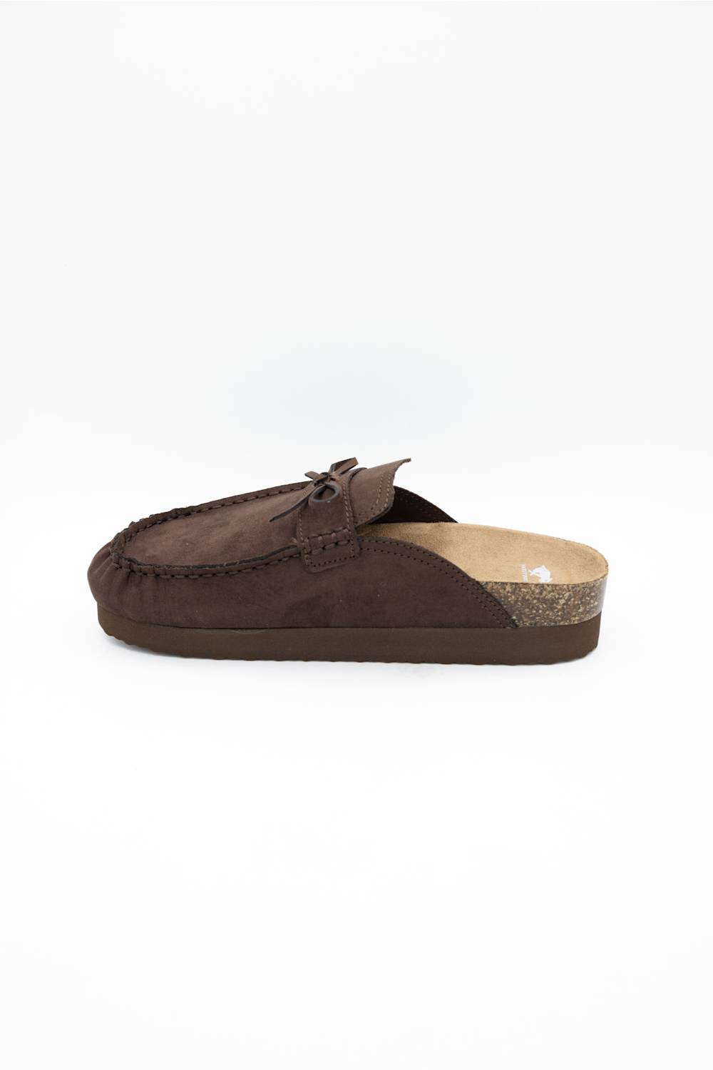 A single dark brown suede mule slipper with a tassel detail on the vamp, shown in profile against a plain white background.
