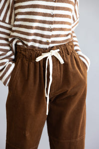 Allie Rose Drawstring Corduroy Barrel Pants for Women in Brown