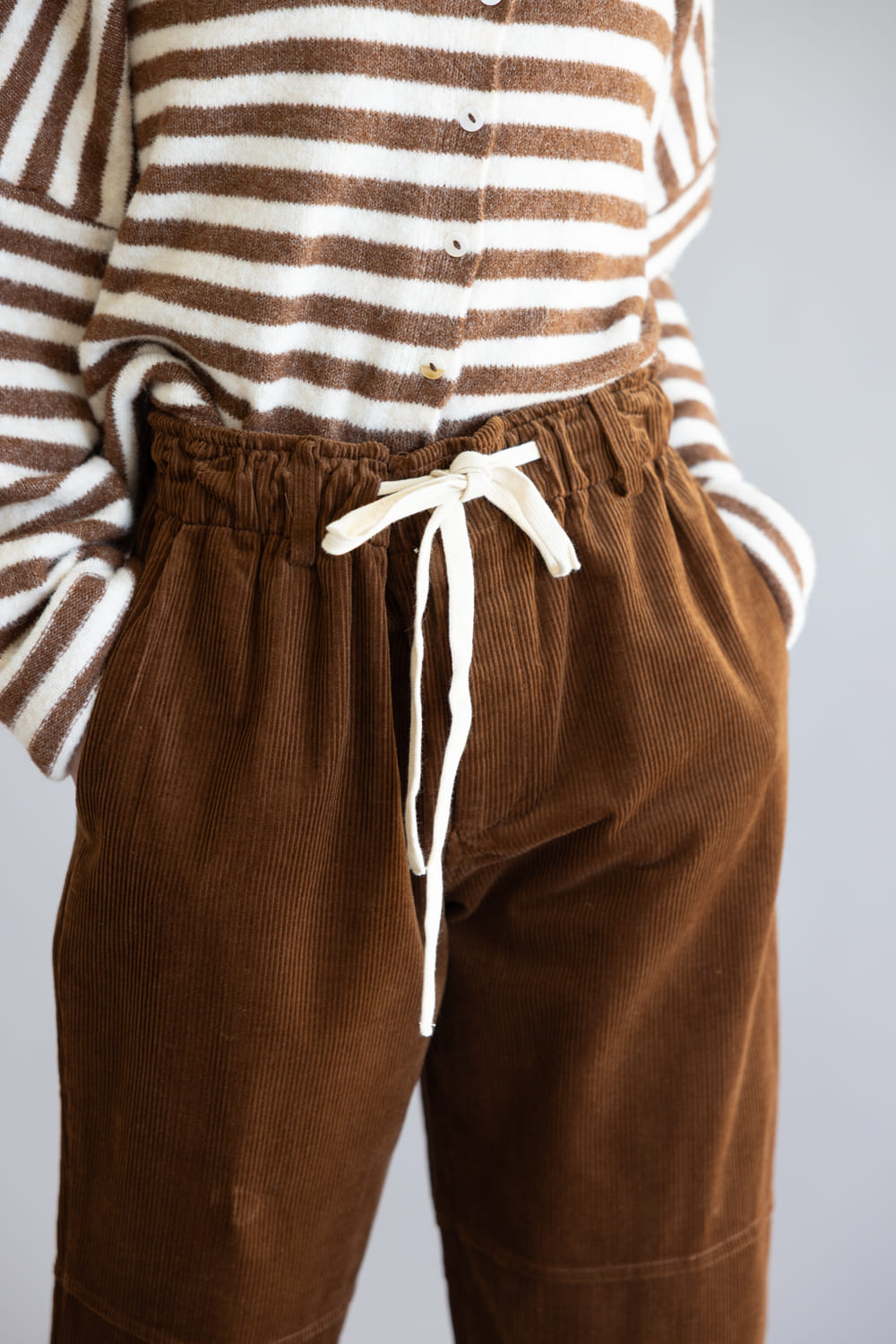Allie Rose Drawstring Corduroy Barrel Pants for Women in Brown
