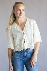 Embroidered Tie Front Top for Women in Ivory