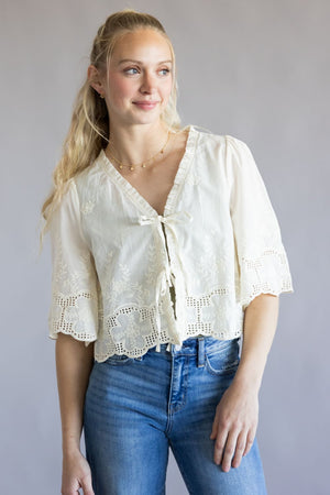 Embroidered Tie Front Top for Women in Ivory | AT2643-IRY – Glik's