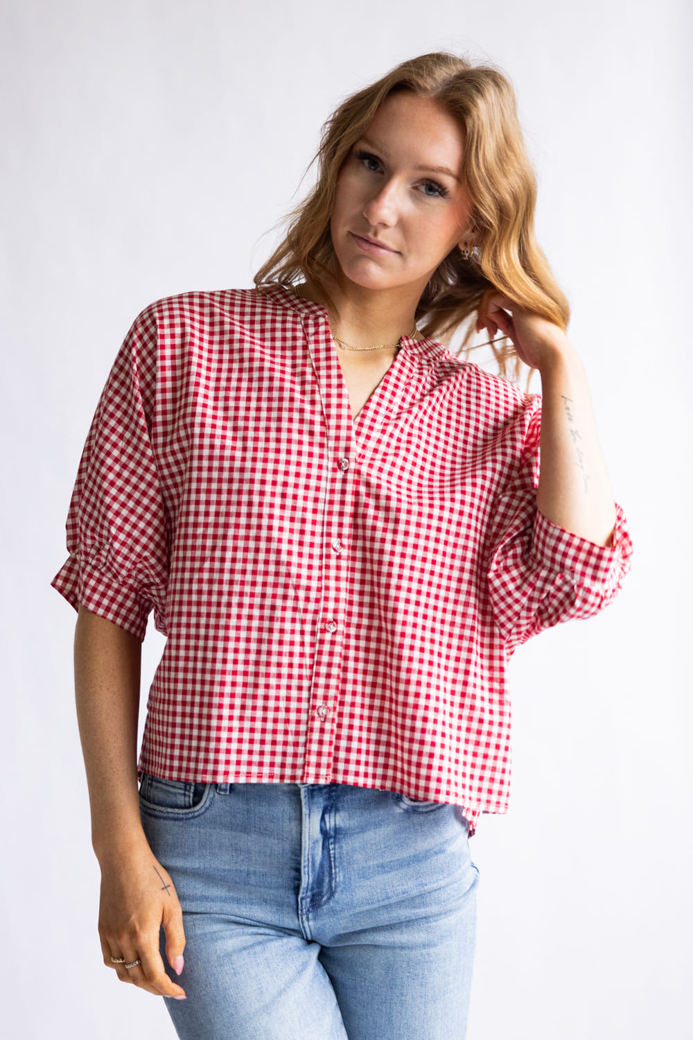 Gingham Split Neck Button Front Top for Women in Red