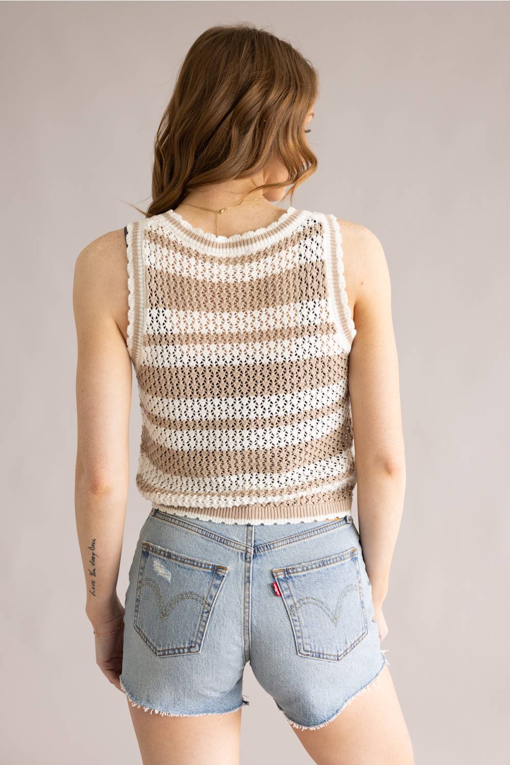 Striped Crotchet Sweater Tank for Women in Taupe